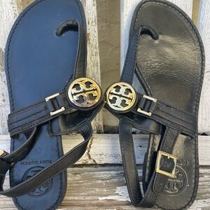 Tory Burch Cassia Black Leather Logo Thong Sandals Slingback Flats